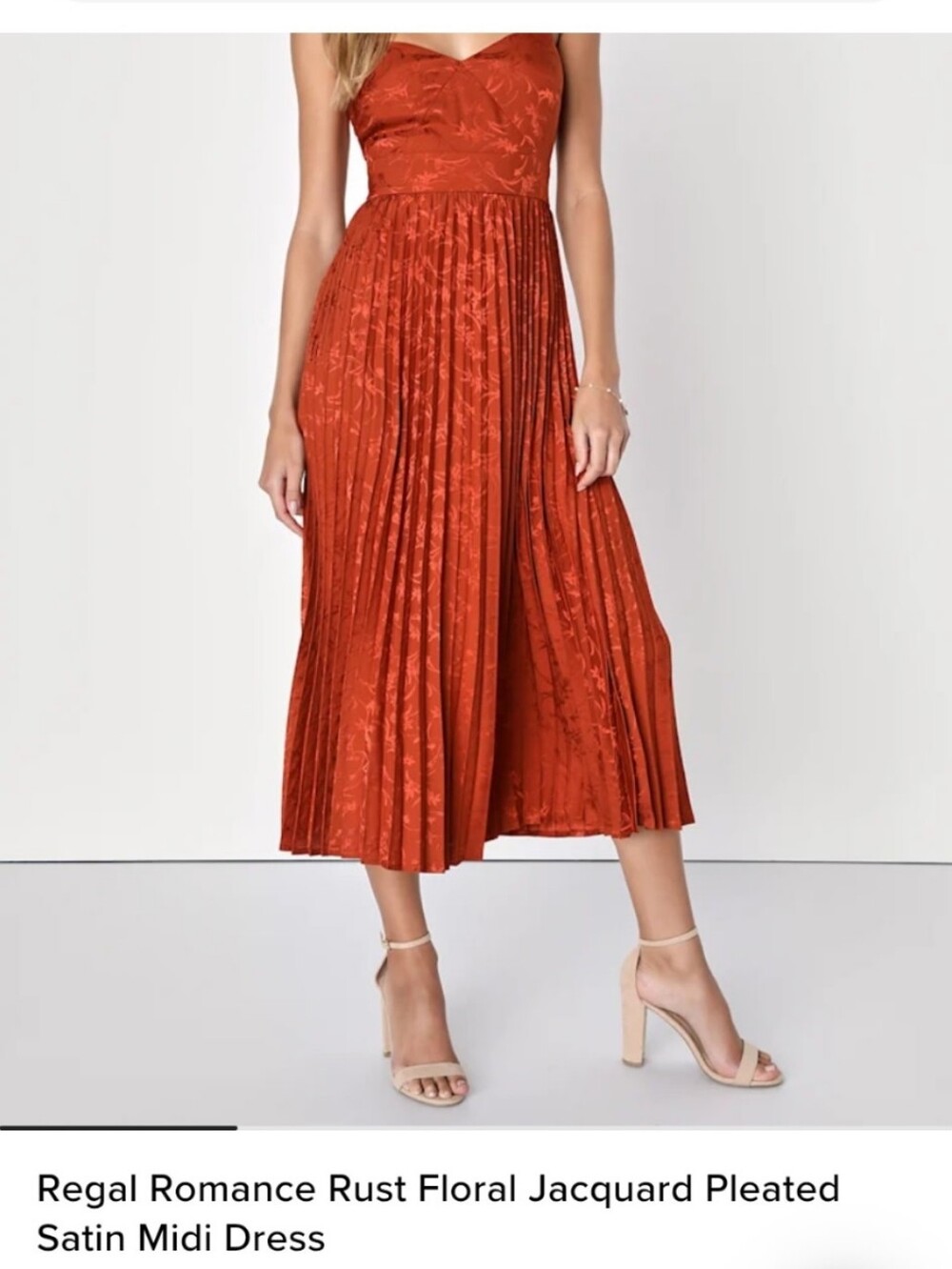 Lulus Regal Romance Rust Floral Jacquard Pleated Satin Midi Dress Womens XS